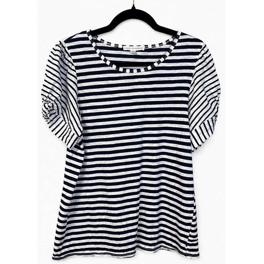 Jane + Delancey Navy White Striped Puff Sleeve Knot Detail Top Sz Large